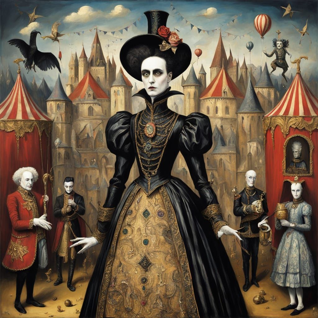 Gothic Circus Festival in a Haunting Impasto Oil Style
