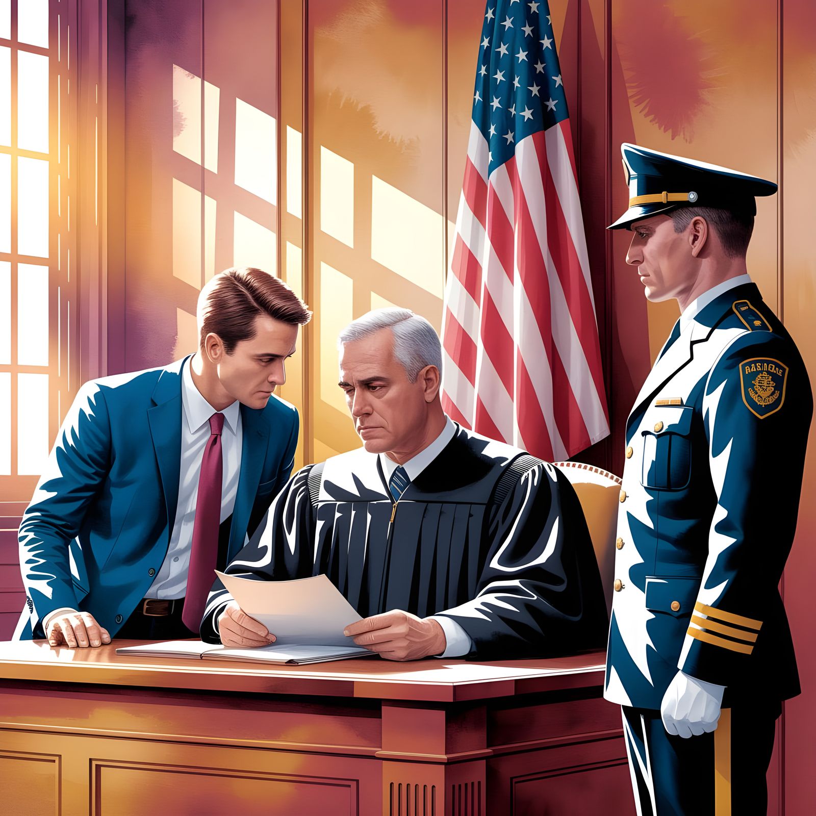 Watercolor Attorney Whispering to Judge in Courtroom