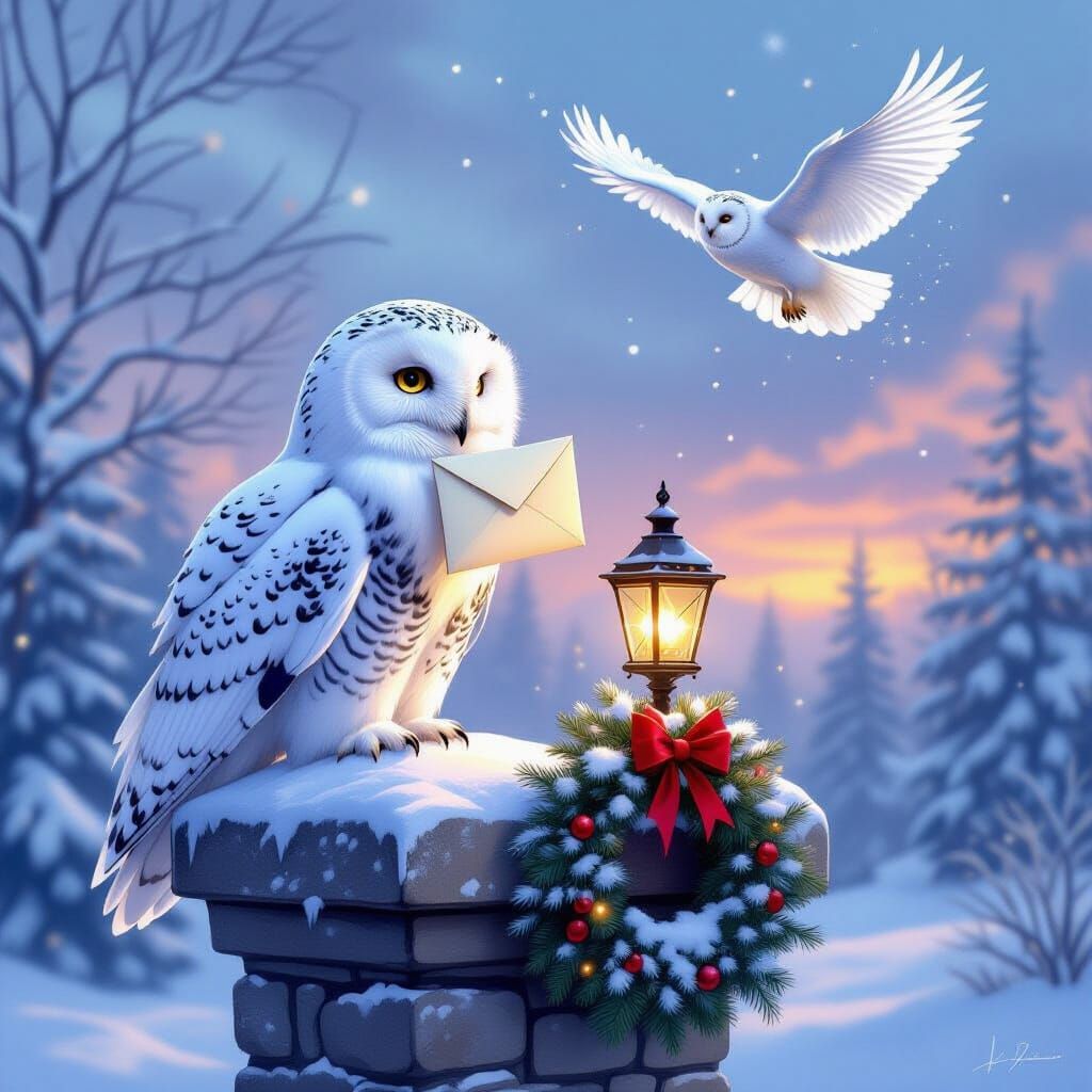 Majestic Snowy Owl Delivers Hopeful Letter in Ethereal Fanta...