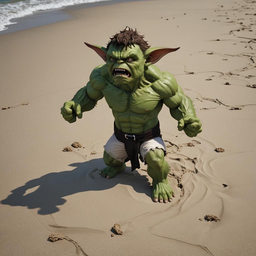Gizmo as Hulk on the Beach: 3D Anime Art