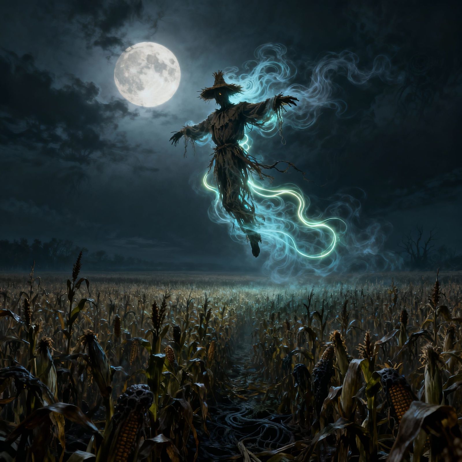 Ethereal Scarecrow Spirit Levitating Over Moonlit Cornfield