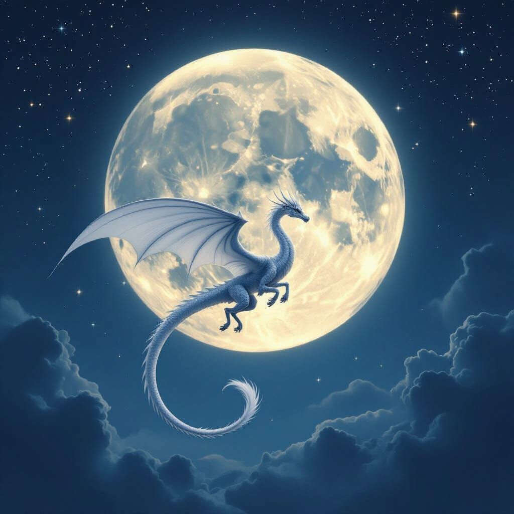 Elegant White Dragon Flies Before Full Moon