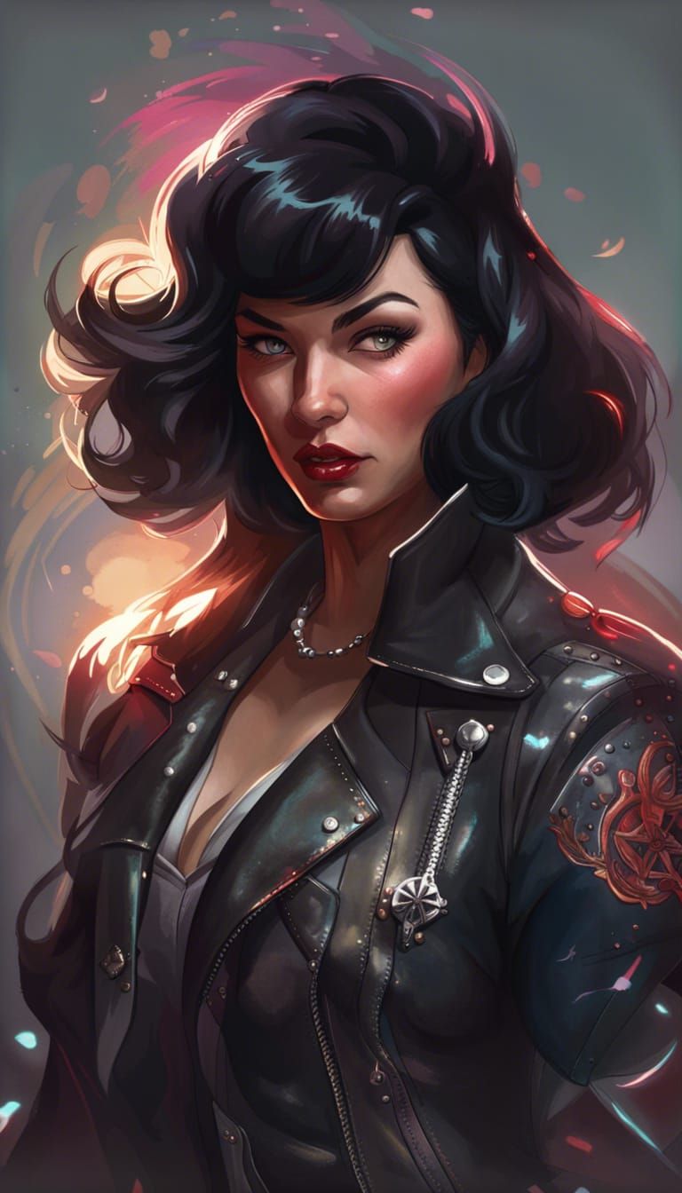 Bettie Page Portrait in Biker Jacket, Detailed Digital Art
