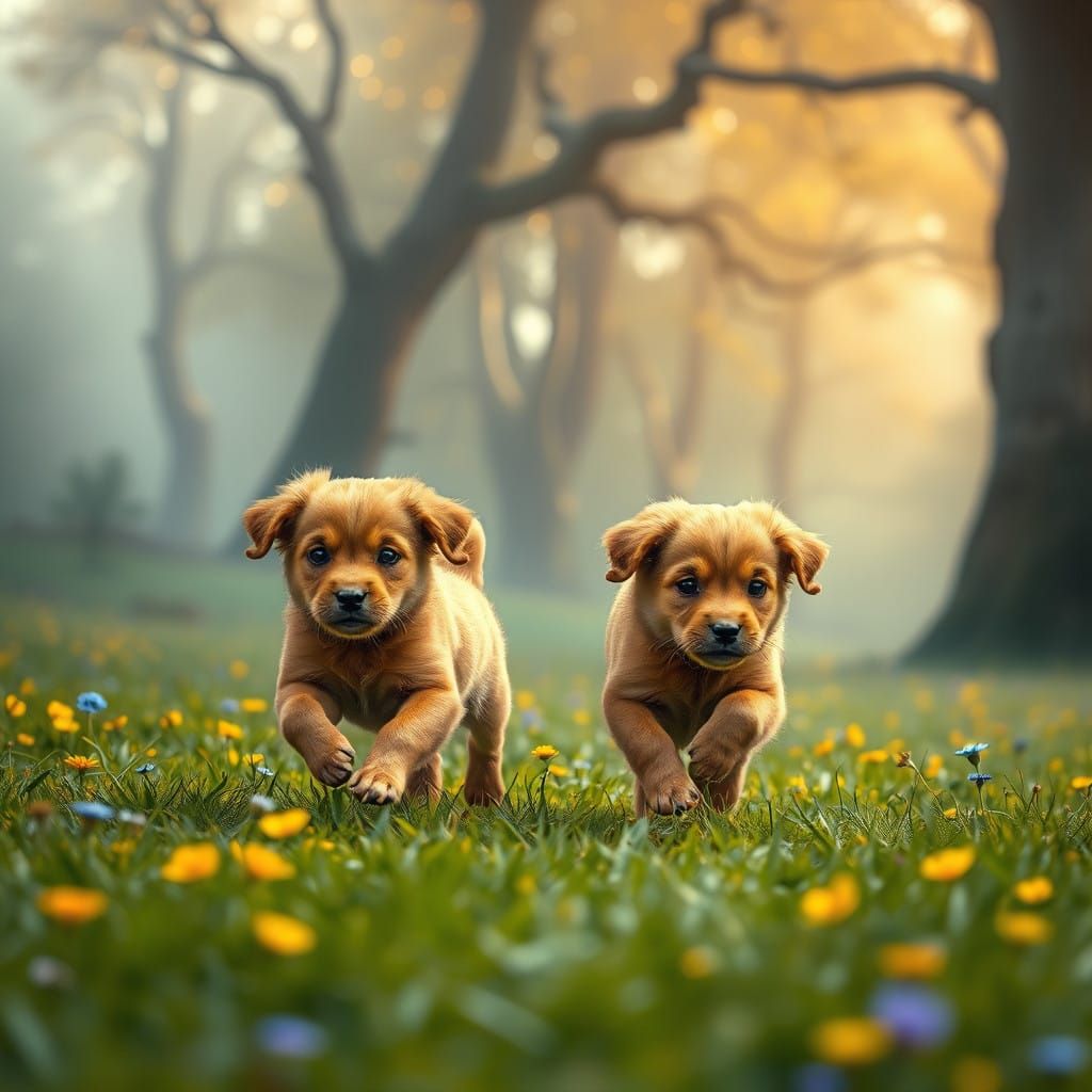 Playful Puppies Running in a Vibrant, Dreamlike Landscape