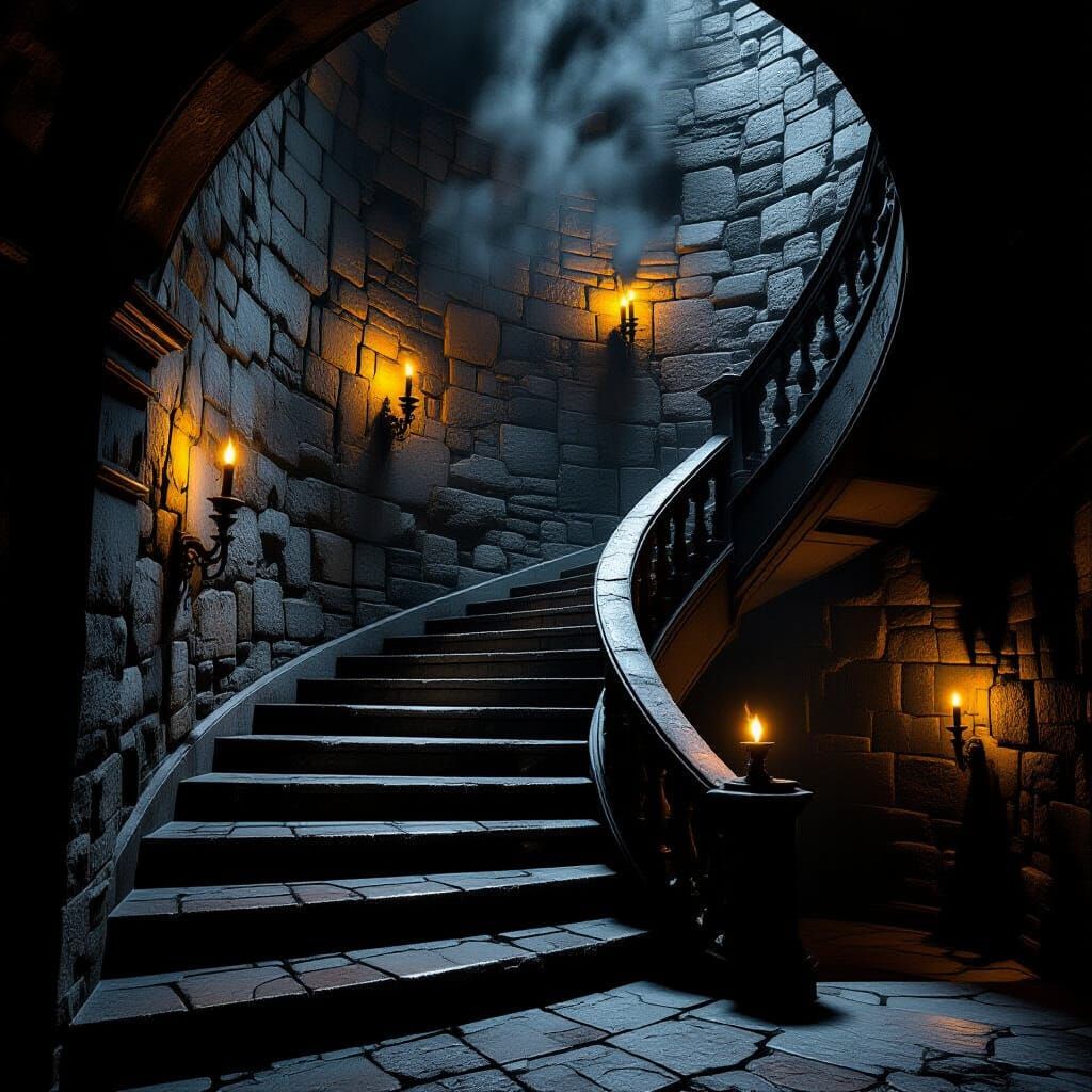 Dramatic Stone Staircase with Flickering Torches