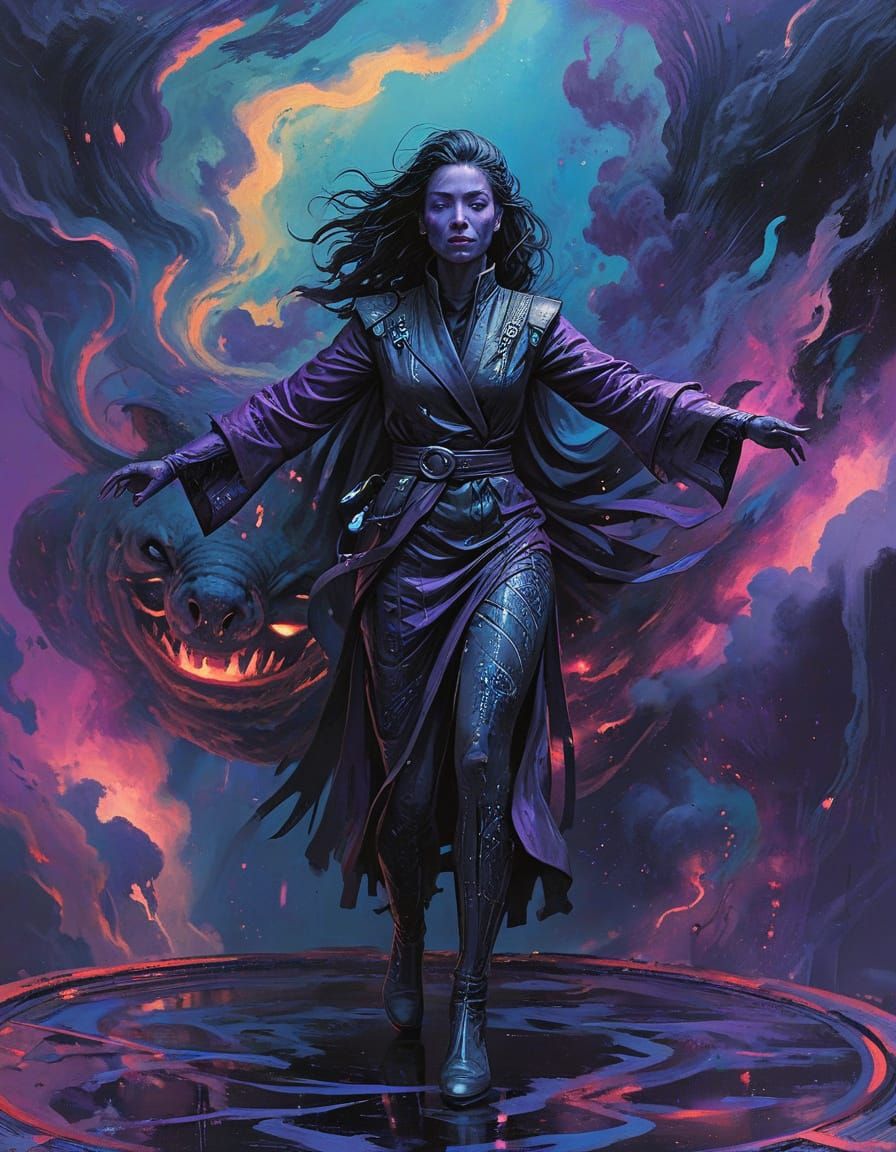 Futuristic Space Warrior Battles Cosmic Monster in a Neon-Li...