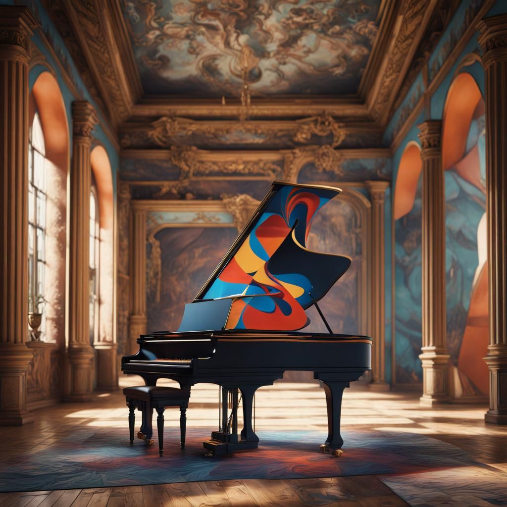 Picasso-Style Piano: Detailed Matte Painting in Deep Color