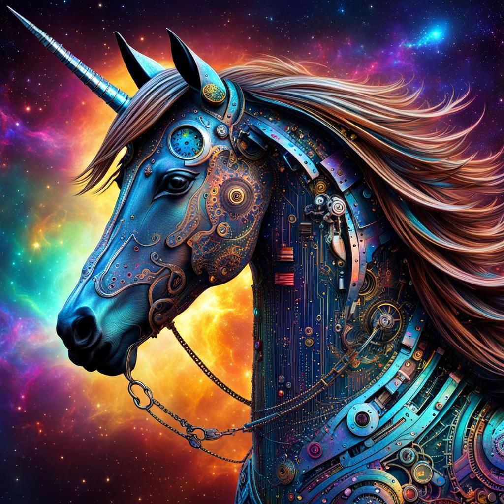 Steampunk Cosmic Unicorn Made from Computer Code