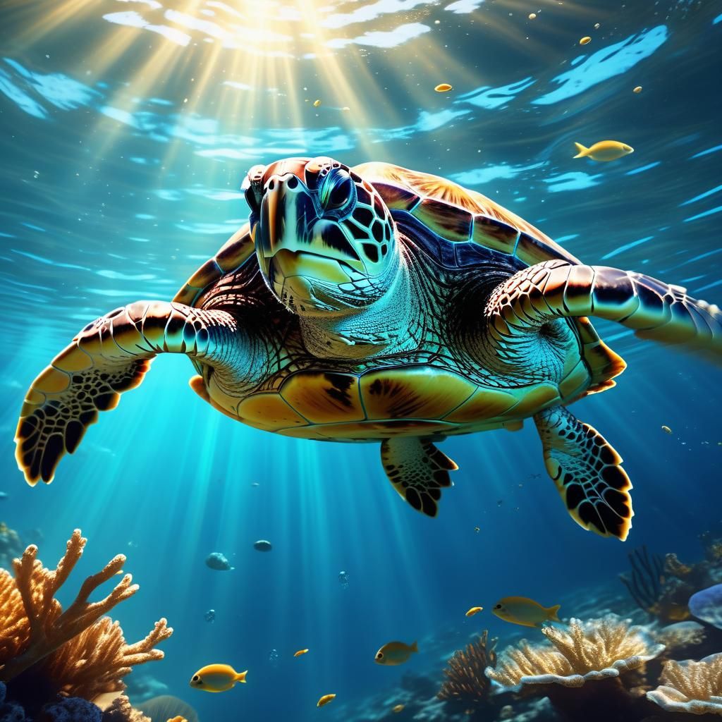 Sea Turtle Swimming in Ocean Light