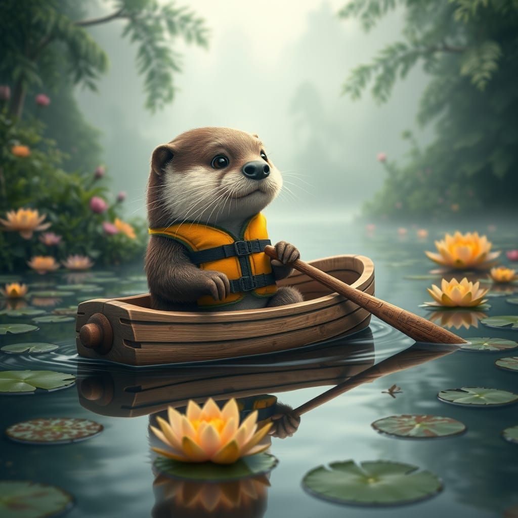 Hyperrealistic Otter Rowing Boat on Lily Pad Lake