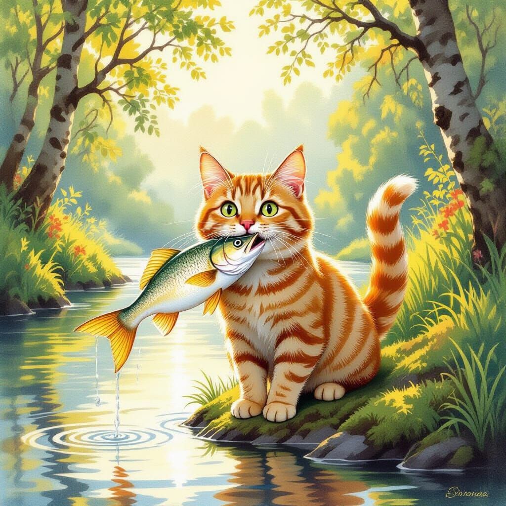 Surprised Cat Catches Fish by River at Dawn