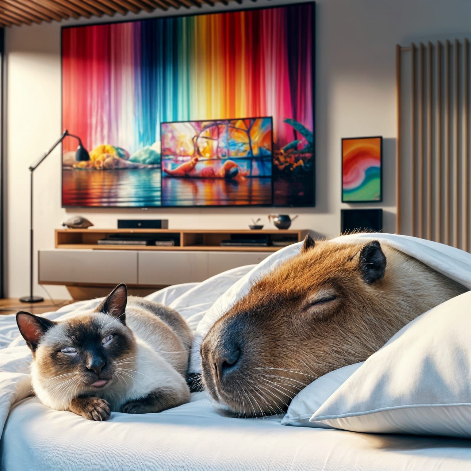 Capybara and Siamese Cat Sleeping in 8k
