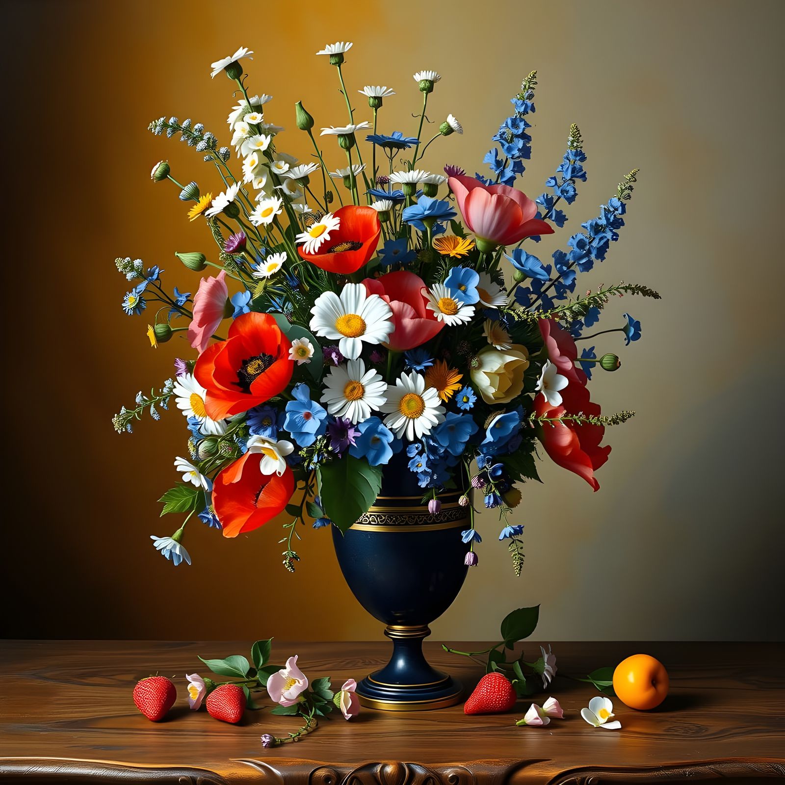 Elegant Field Flowers in Antique Vase with Gilded Accents