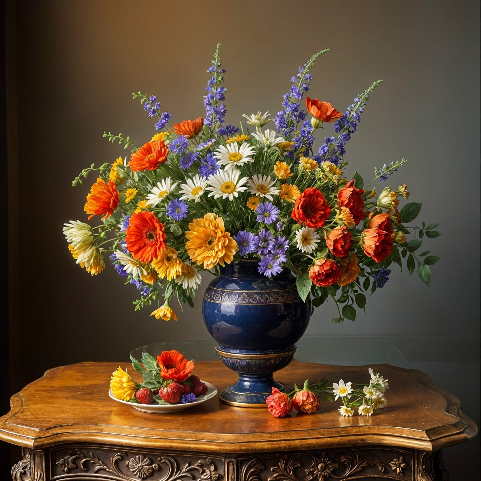 Field Flowers in Antique Vase with Golden Accents