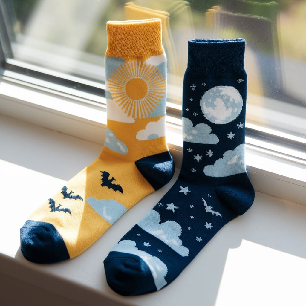 Day and Night Socks on a Windowsill