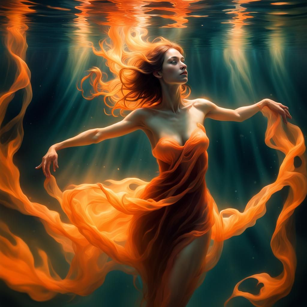 Ethereal Woman's Underwater Dance in Orange Light