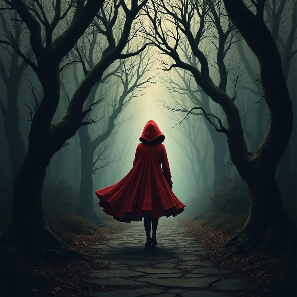 Little Red Riding Hood in Dark Gothic Forest