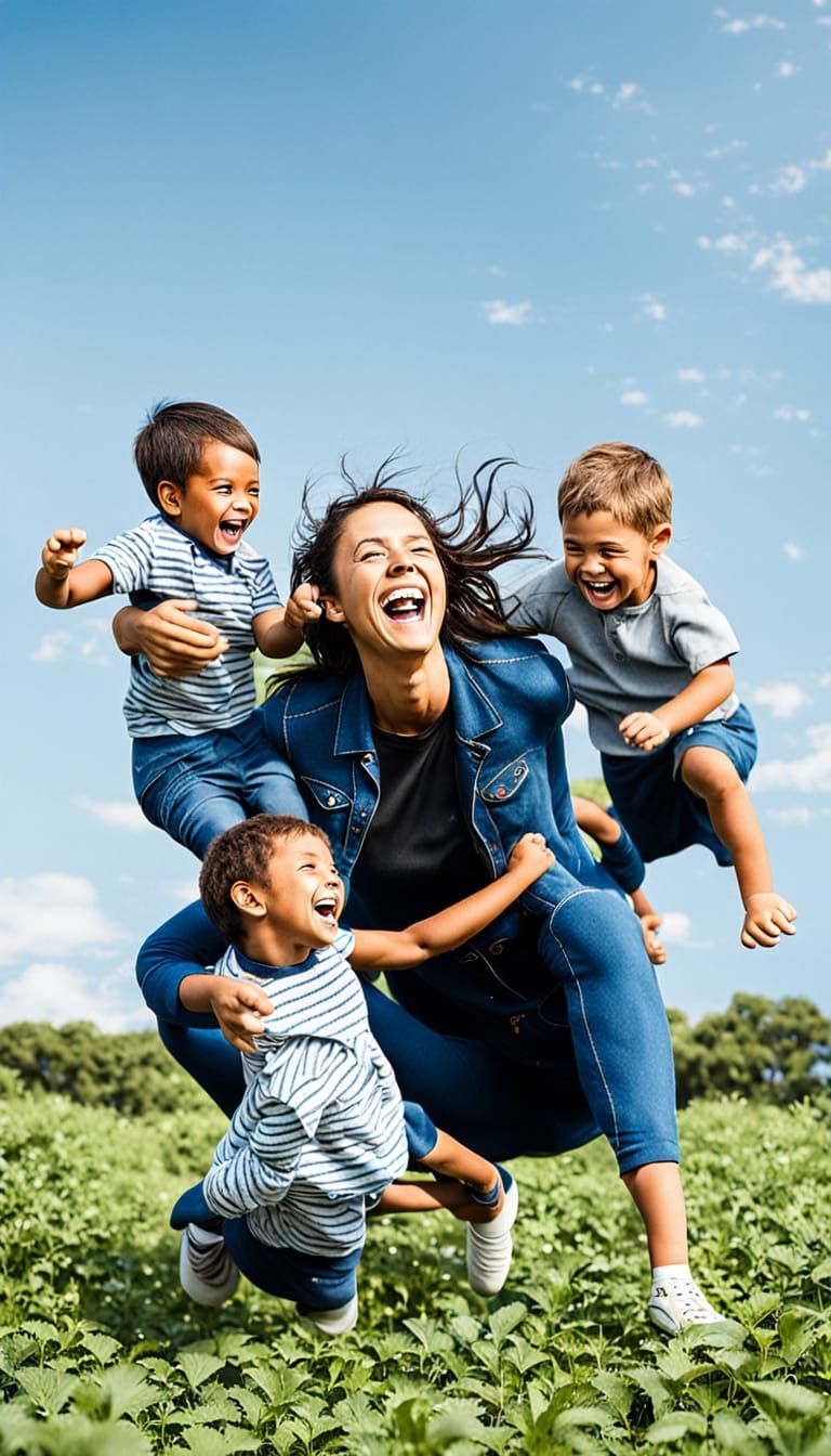 Joyful Mother Playing with Her Children