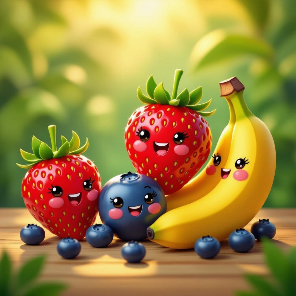 Joyful Fruits Portrait in Whimsical Folk Art Style