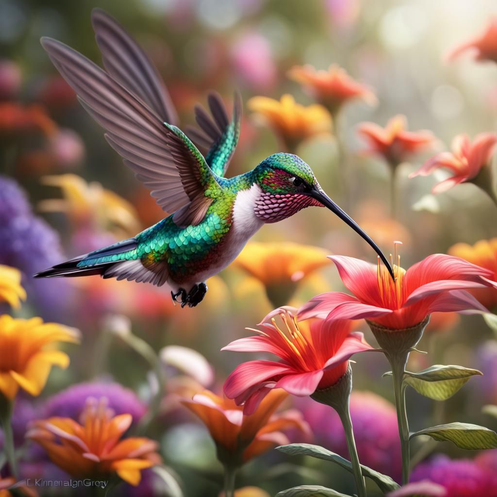 Hummingbirds Hovering in Flight in a Colorful Garden