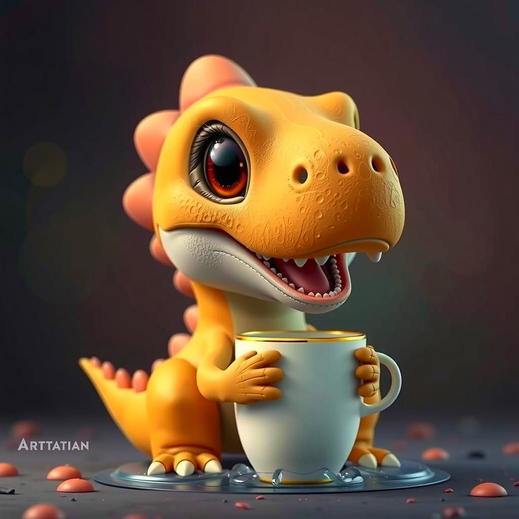Adorable Tea-Sipping T-Rex in Whimsical Fantasy World