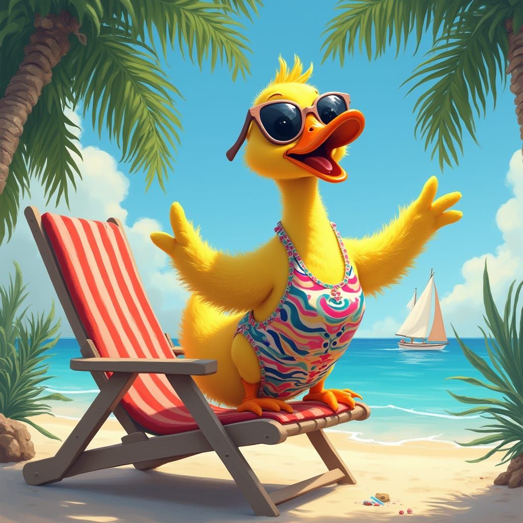 Duck in Sunglasses Lounging Waterfront: Realistic Digital Pa...