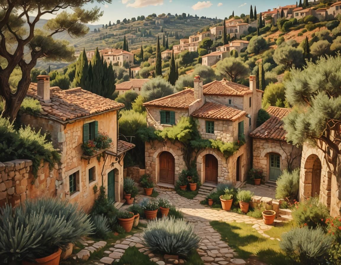 Staro dalmatinsko selo sa mediteranskim biljkama oko kuca,