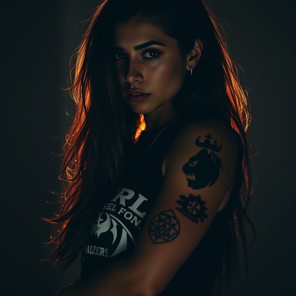 Enigmatic Rapper with Geometric Tattoo and Moody Lighting