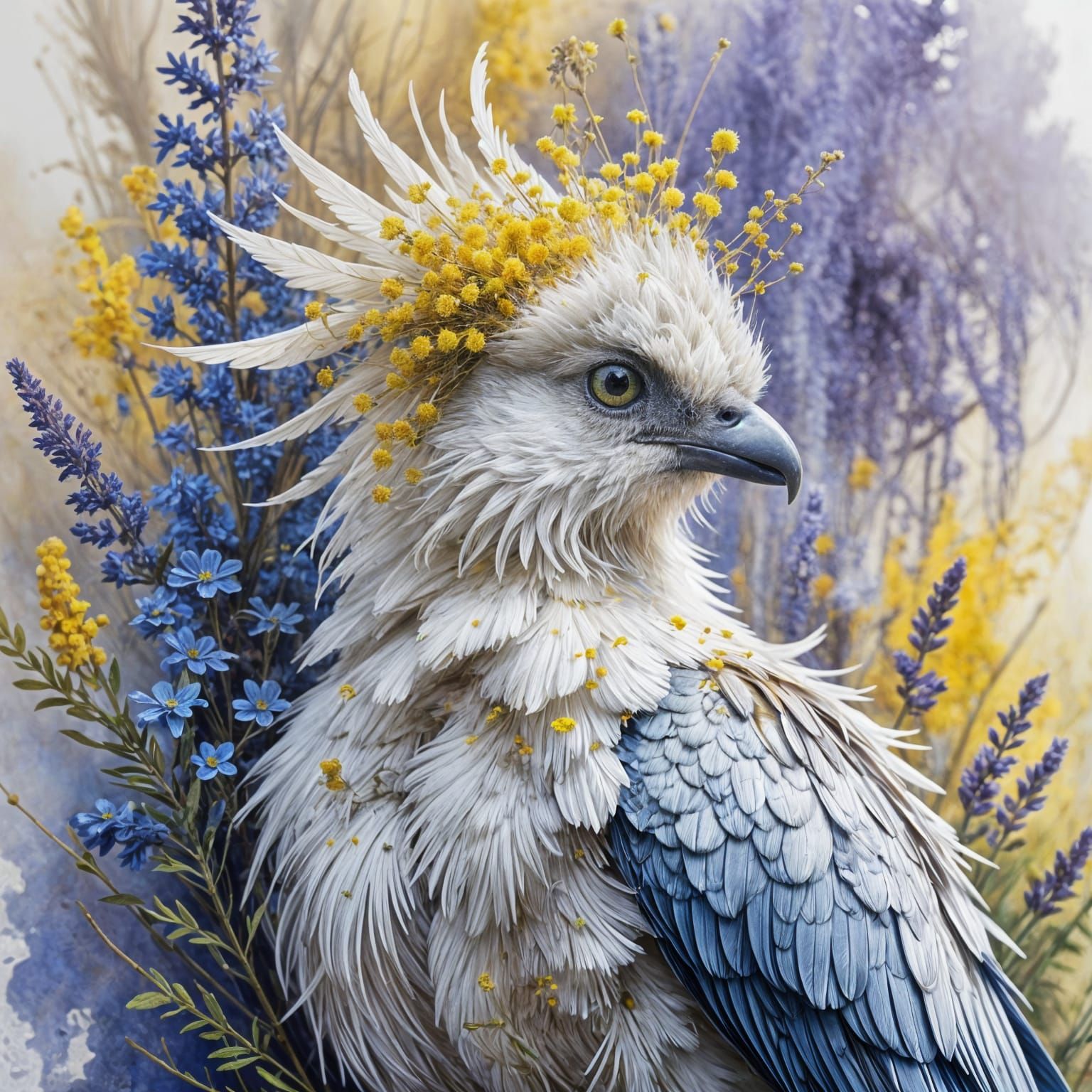 High-Crested Commander Among Mimosa: Watercolor Bird Art