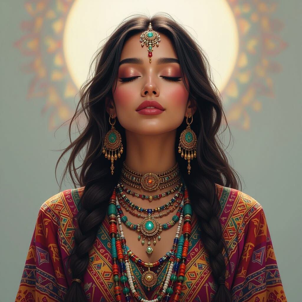 Meditative Woman in Ornate Jewelry, Fantasy Art Style