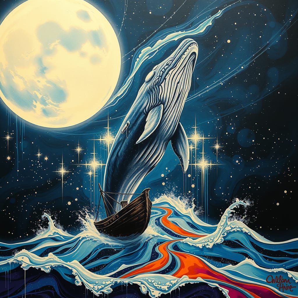 Majestic Whale Breaching Starry Sky in Graffiti Art
