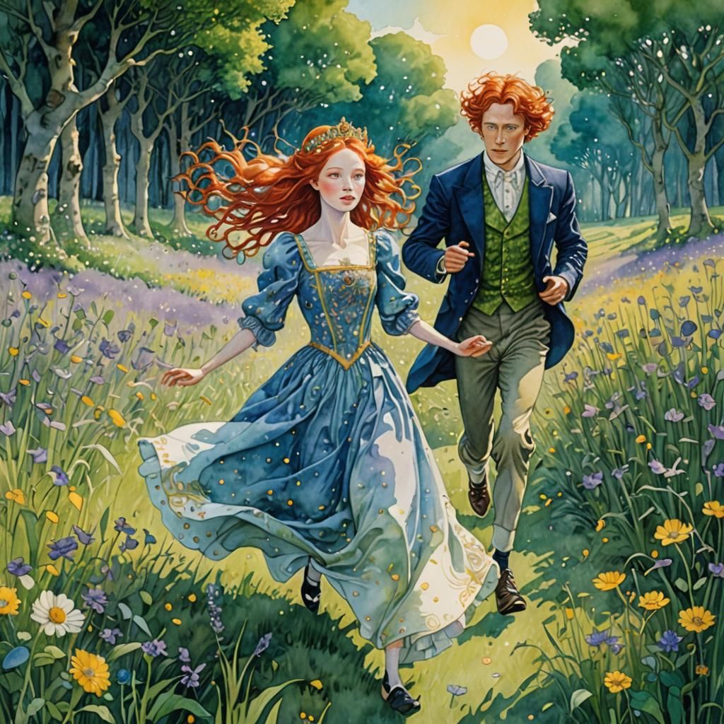 Fantasy Watercolor: Redhead Princess in Sunlit Meadow
