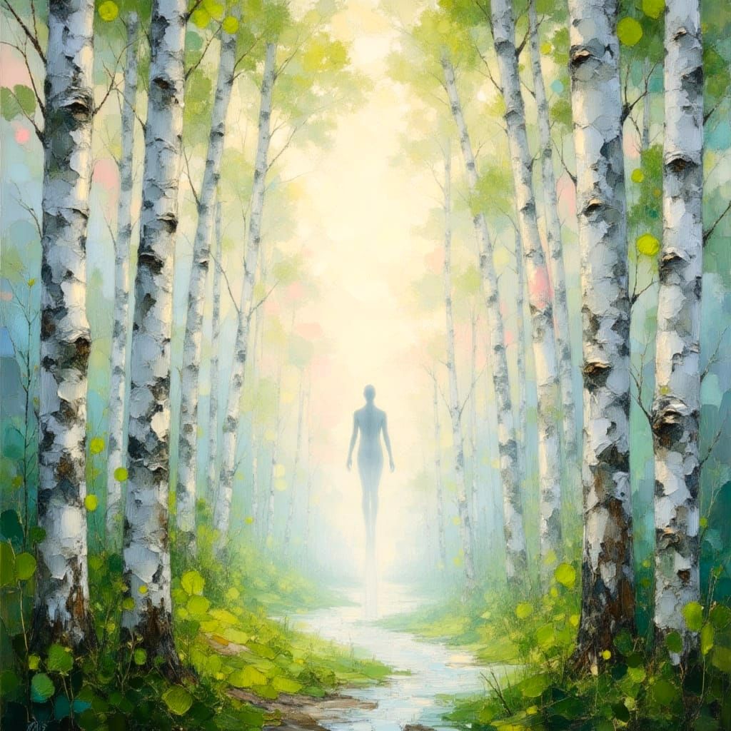 Illuminated Birch Landscape in Impasto Oil Painting