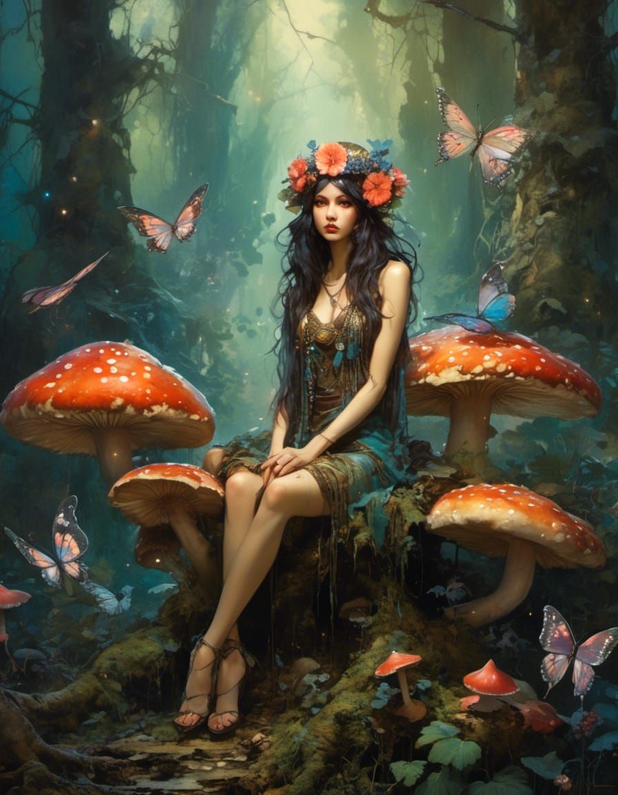 <lora:Character X:1.0> full body portrait of a grunge goddess fairy sitting on a mushroom, in an enchanted forest, expre...