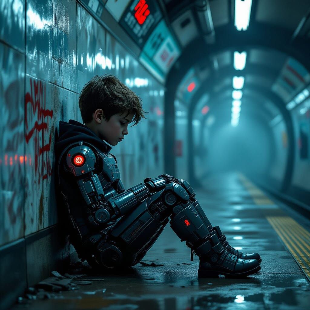 Boy-Cyborg Awakens in Cyberpunk Subway with Doodle Art