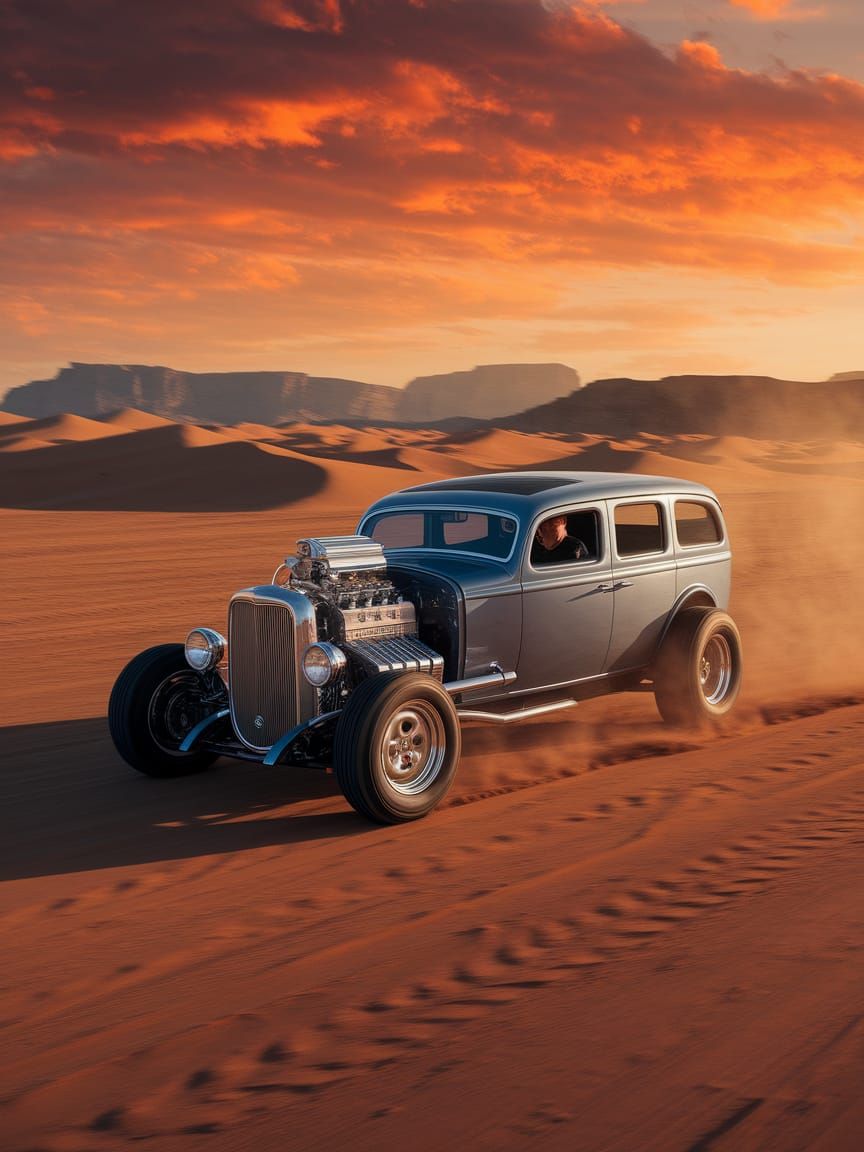 Hot Rod Wagon Races Through Dieselpunk Desert Sunset