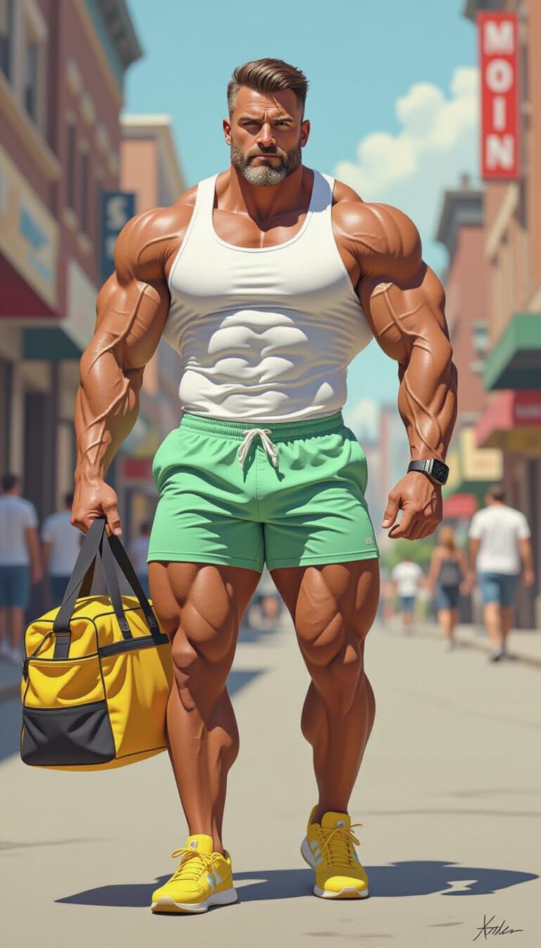 Muscular Bodybuilder with Enormous Biceps in Vibrant Colors