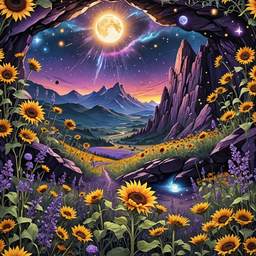 Cave View: Crystals, Lavender Field, Aurora Borealis