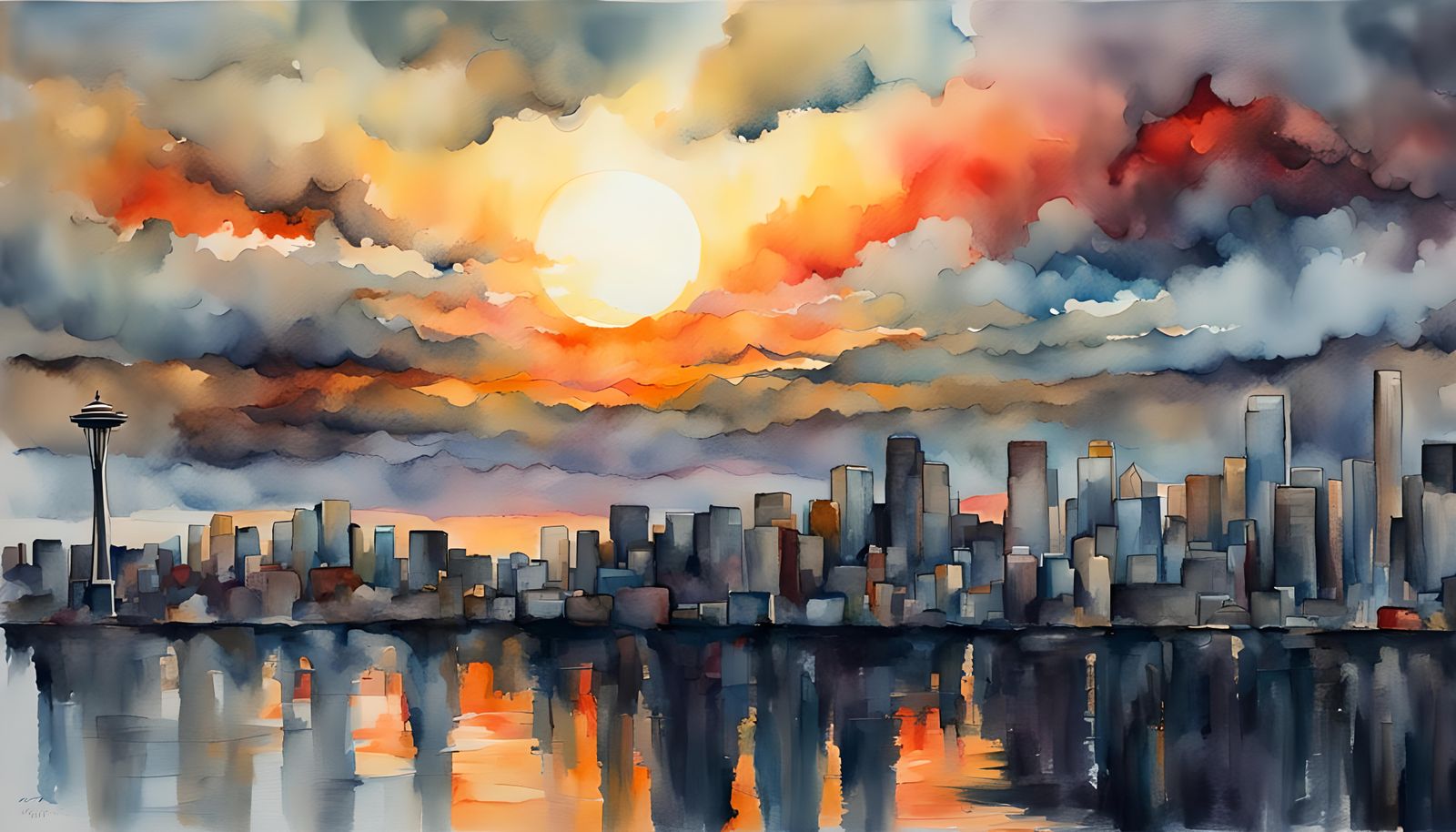 Sunrise Over Seattle: Dark Moody Watercolor Painting