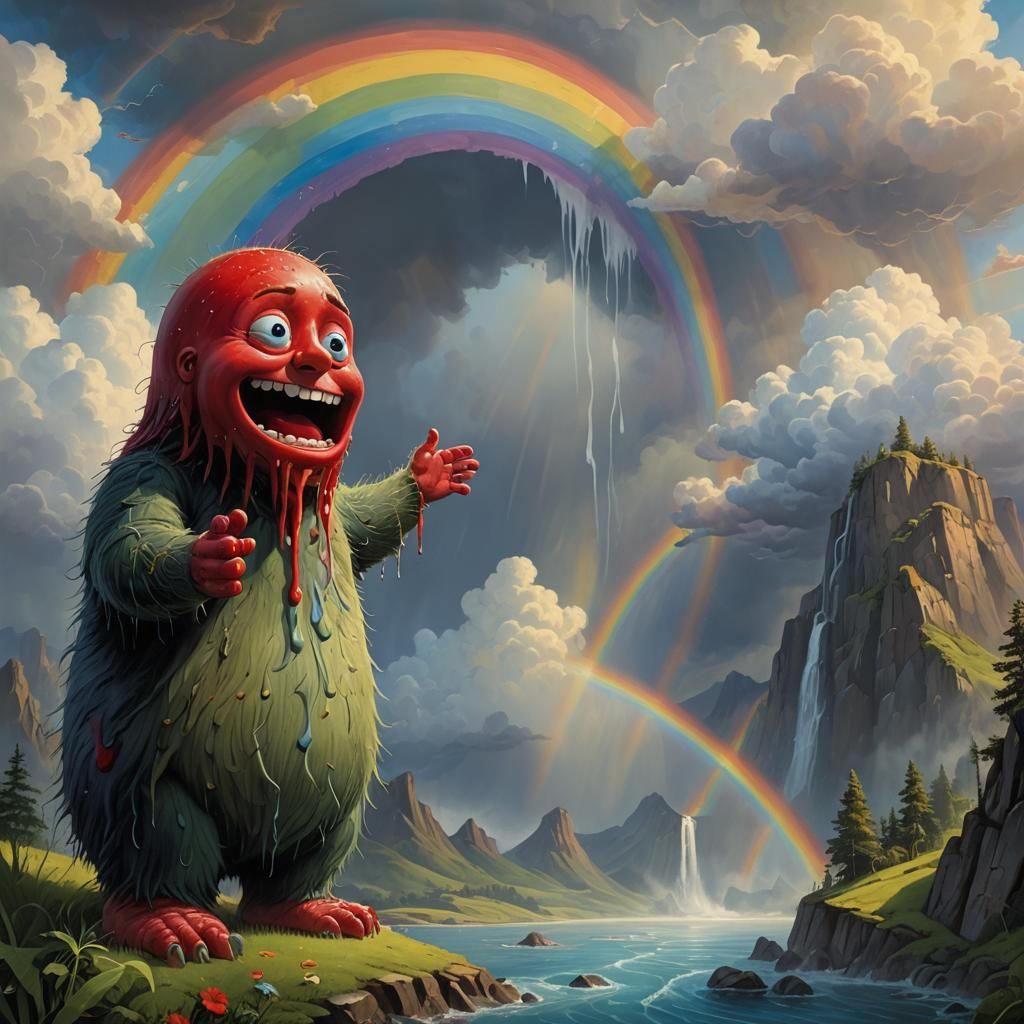 Surreal Creature Reaching for Rainbow, Ornate Style