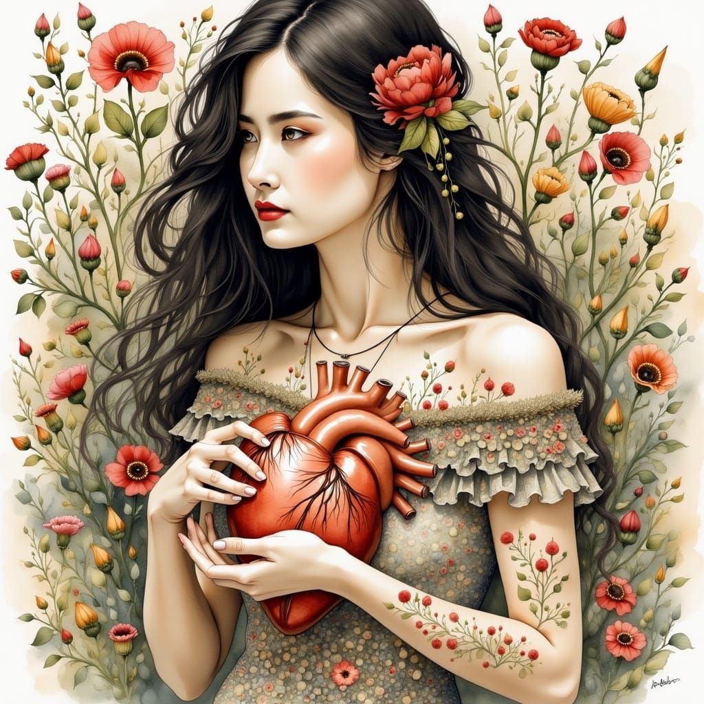 Woman with Floral Heart in Watercolor Style