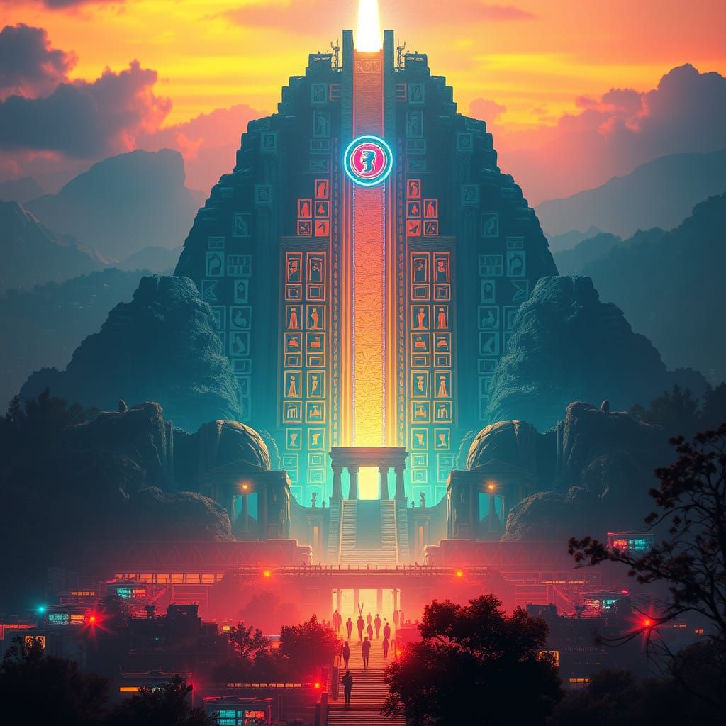 Neon-Lit Temple of Light in Futuristic Cityscape