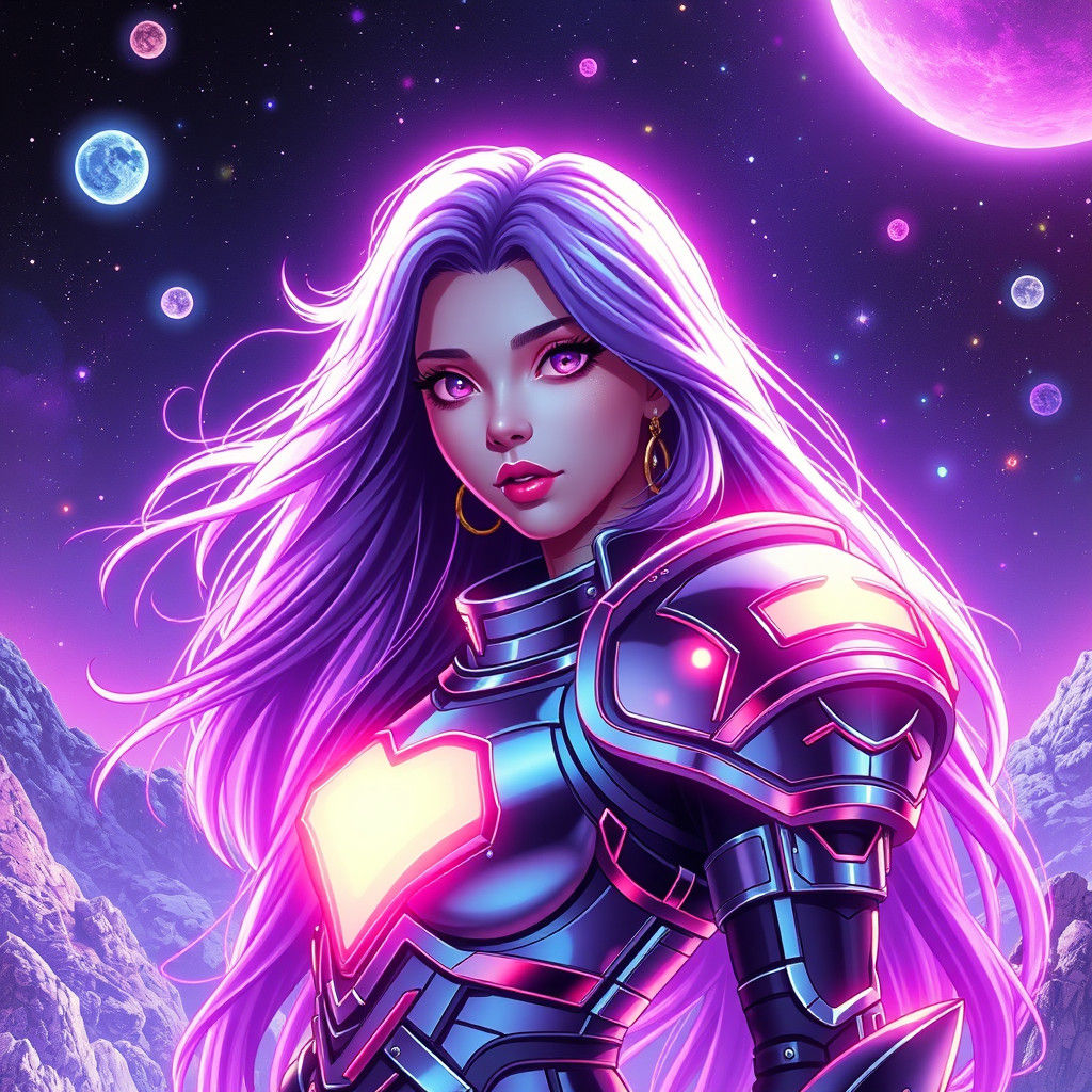 Cosmic Girl with Purple Hair in Synthwave Style