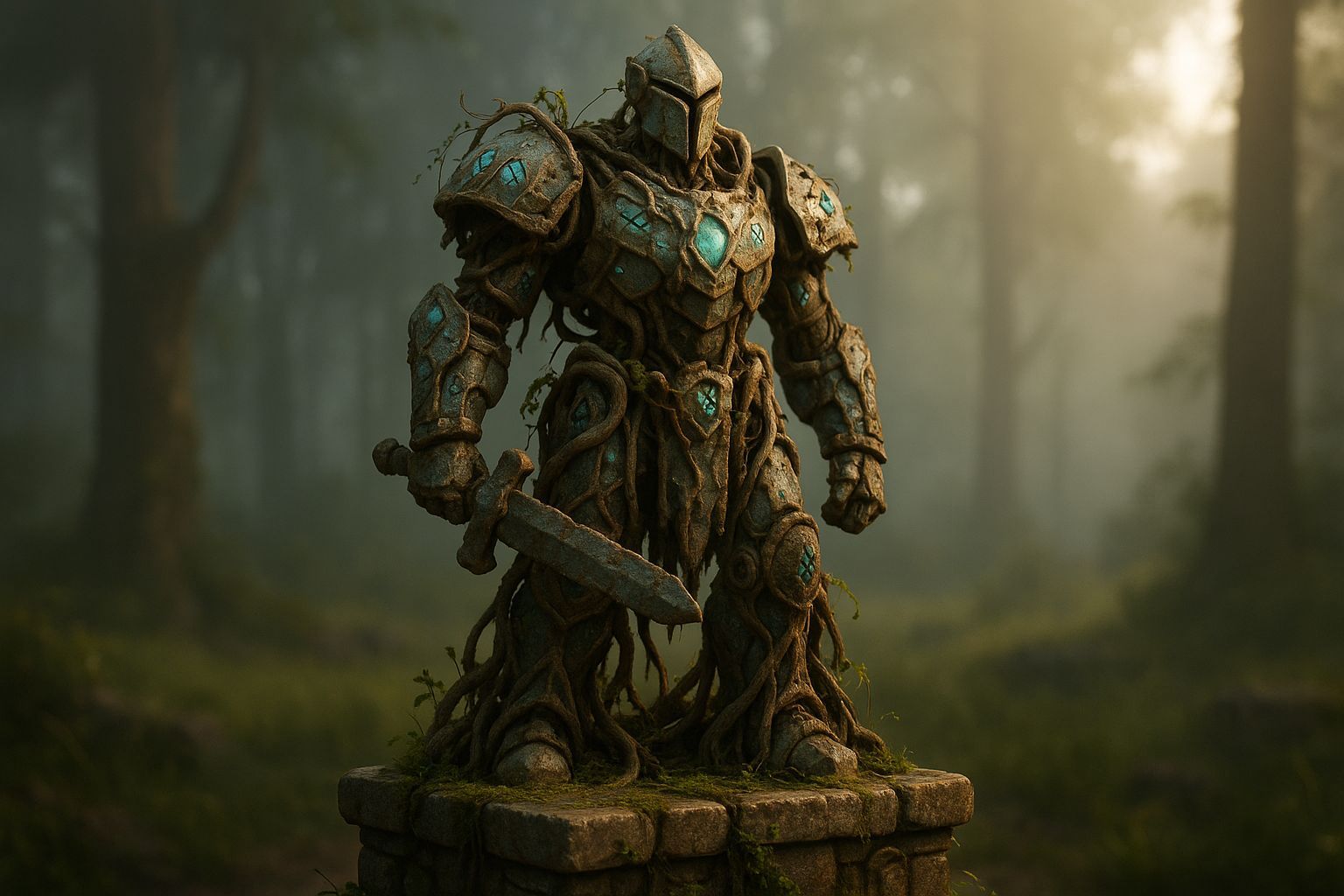 Guardian Statue with Bioluminescent Runes in 3D