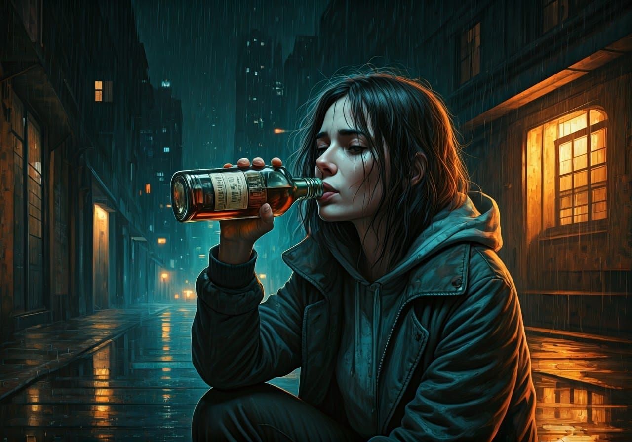 Melancholic Woman in Rainy Cityscape: Impressionistic Style