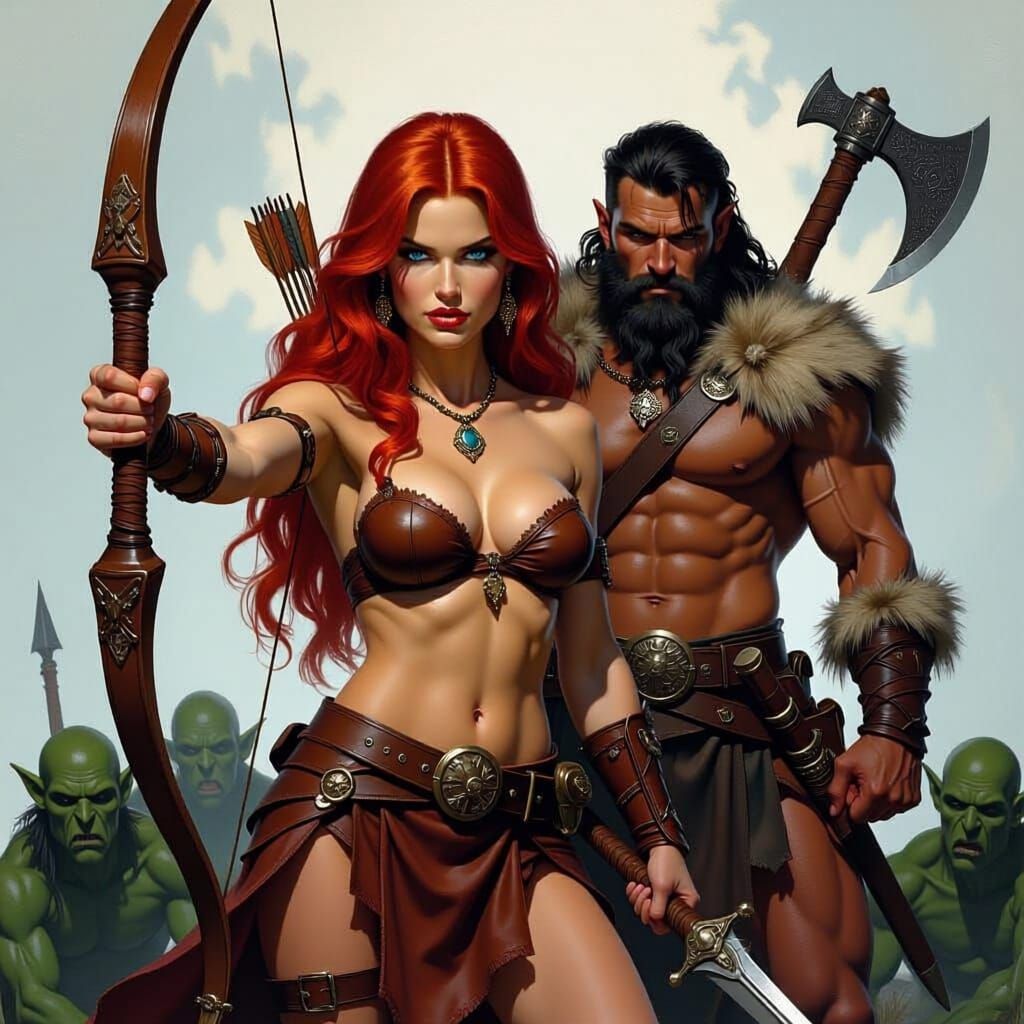 a red headed warrior woman with striking blue eyes and a bro...