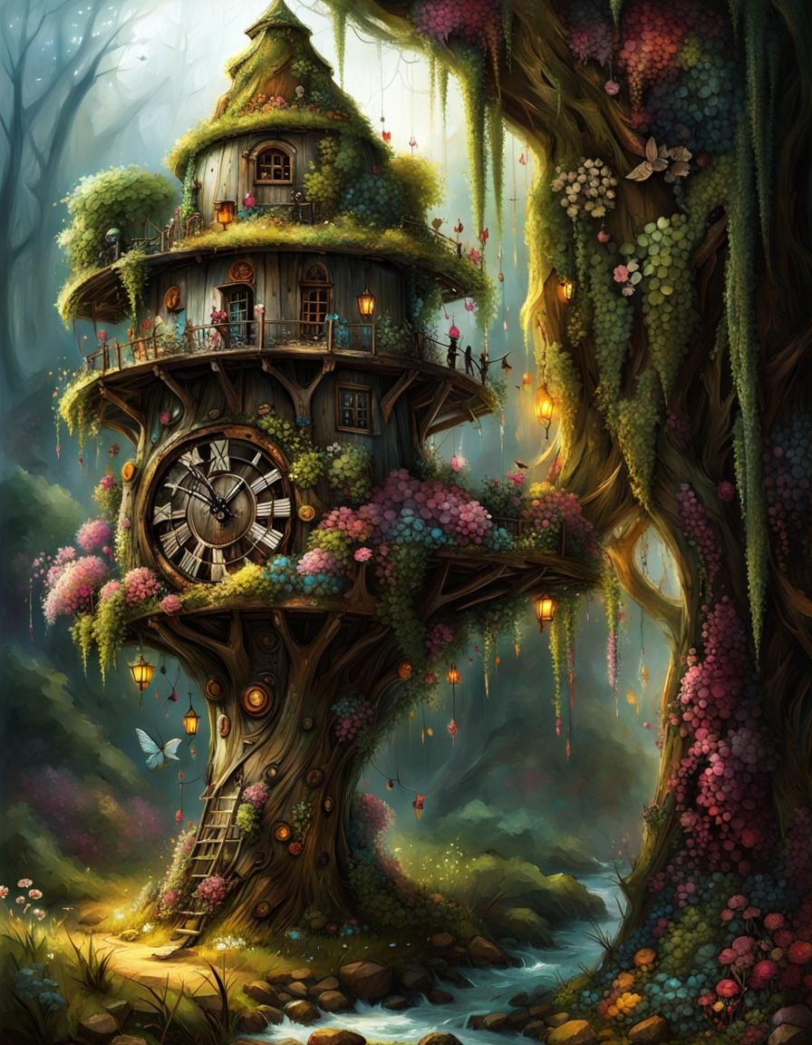 Fairy Windmill in Gnarled Tree, Digital Matte Painting