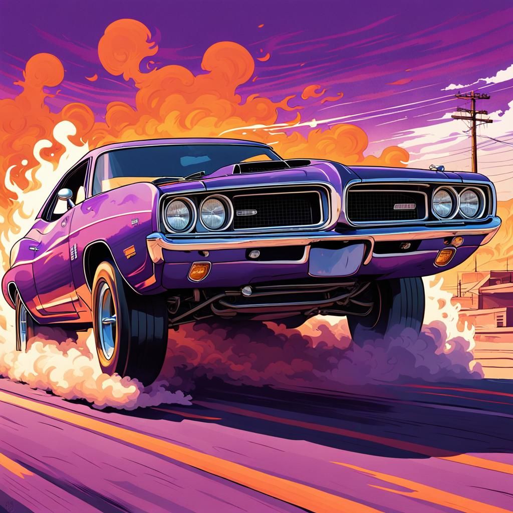 Purple Muscle Car Burnout in Retro Comic Style
