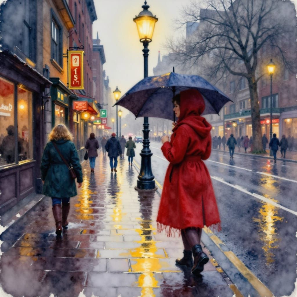 Woman in Red Raincoat on Wet City Street