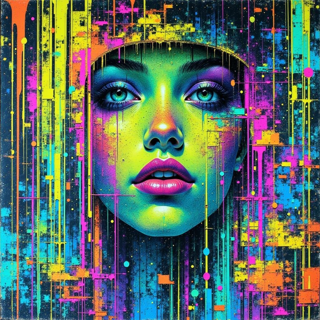 Vertical Glitch Portrait with Neon Lines in ASCII Art